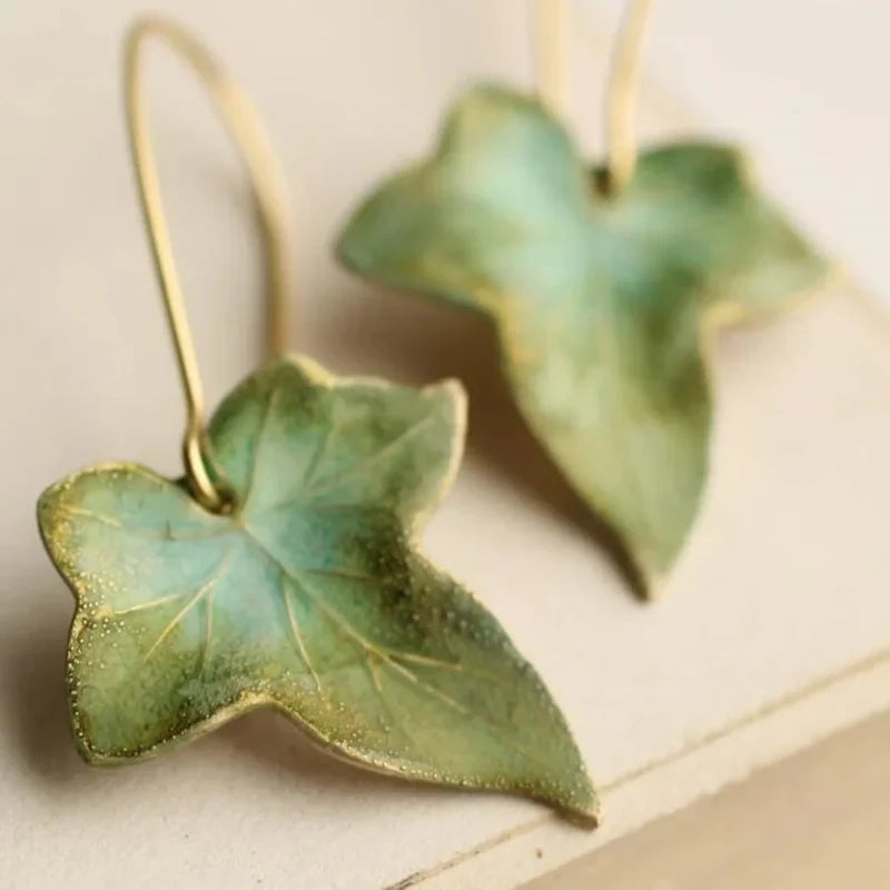 Antique Green Leaf Earrings | Gold