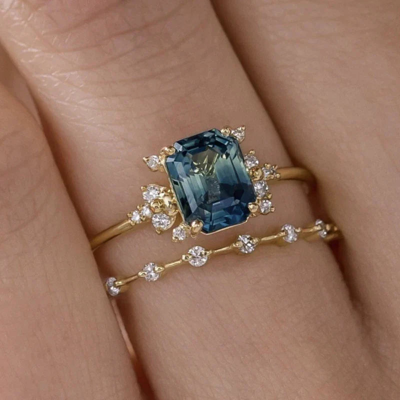Crystal Blue Shine Ring Set | Gold